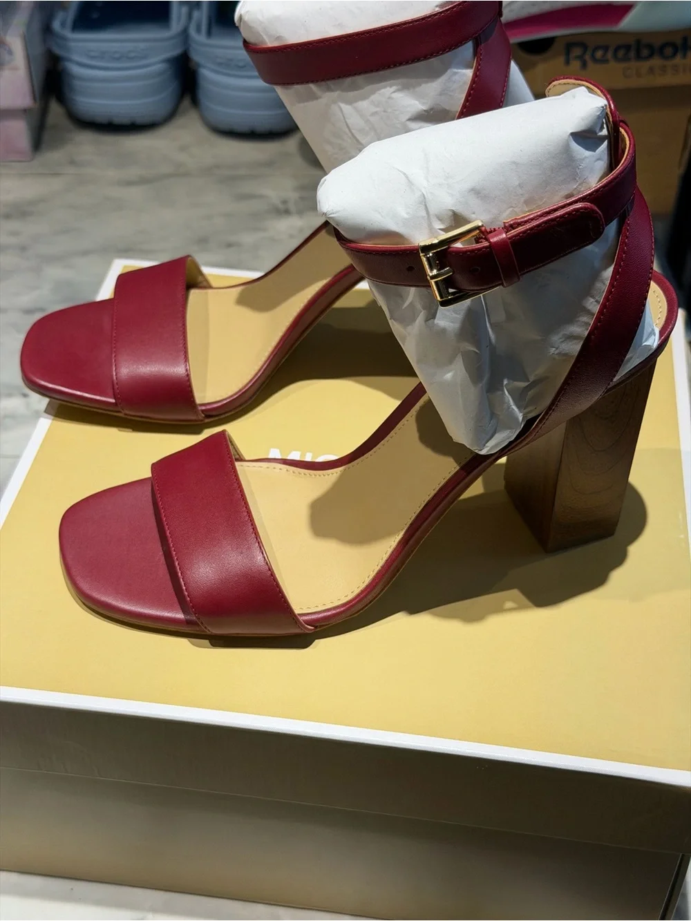 Michael Kors Burgundy Ankle-Strap Block Heel Sandals maroon color